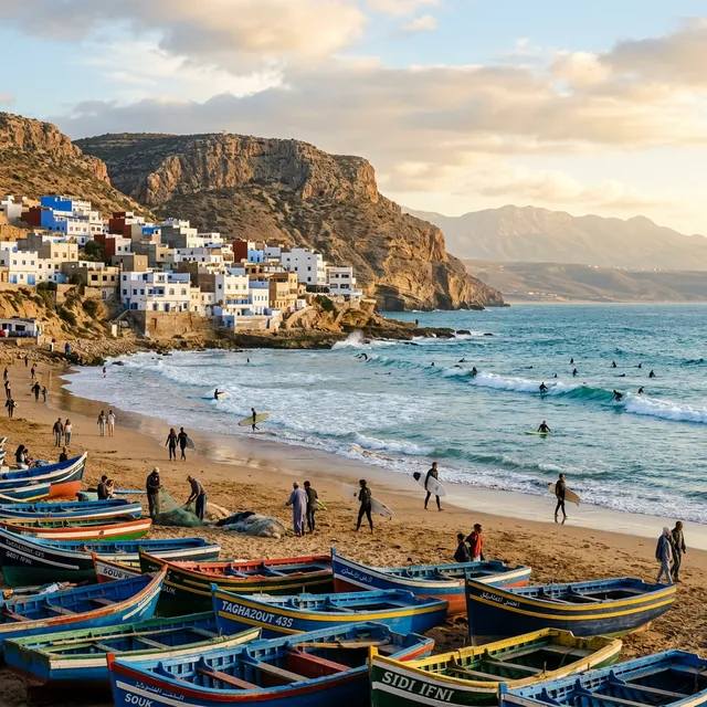 Surfing at Taghazout Bay on Morocco's Atlantic coast