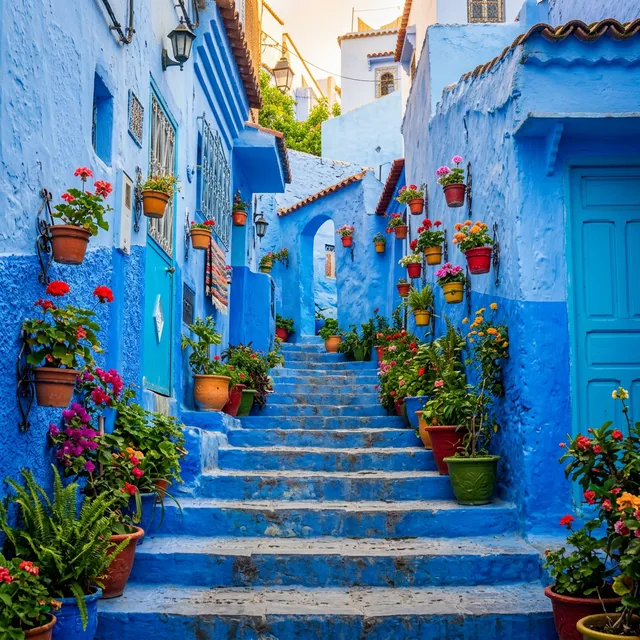 Blue-painted medina alleyway in Chefchaouen, Morocco