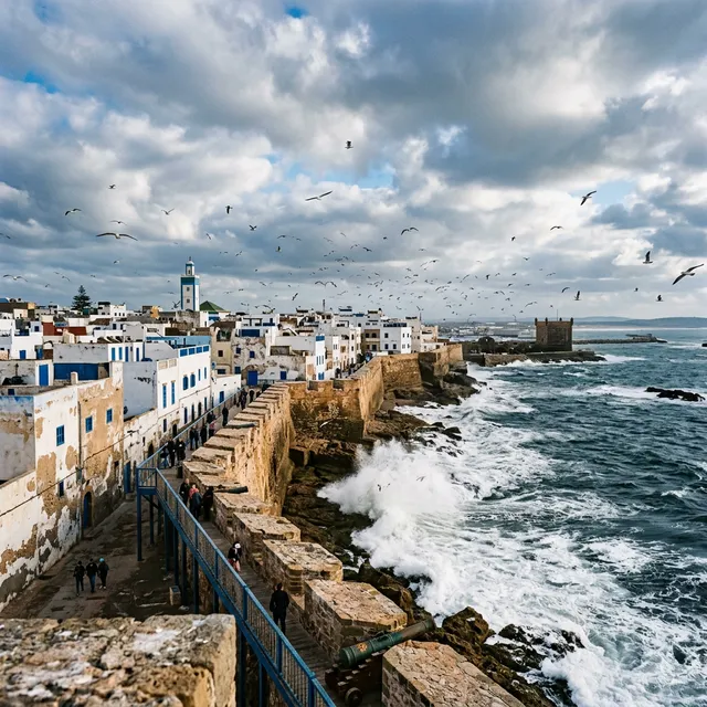 Essaouira sea ramparts and blue fishing boats in the harbour