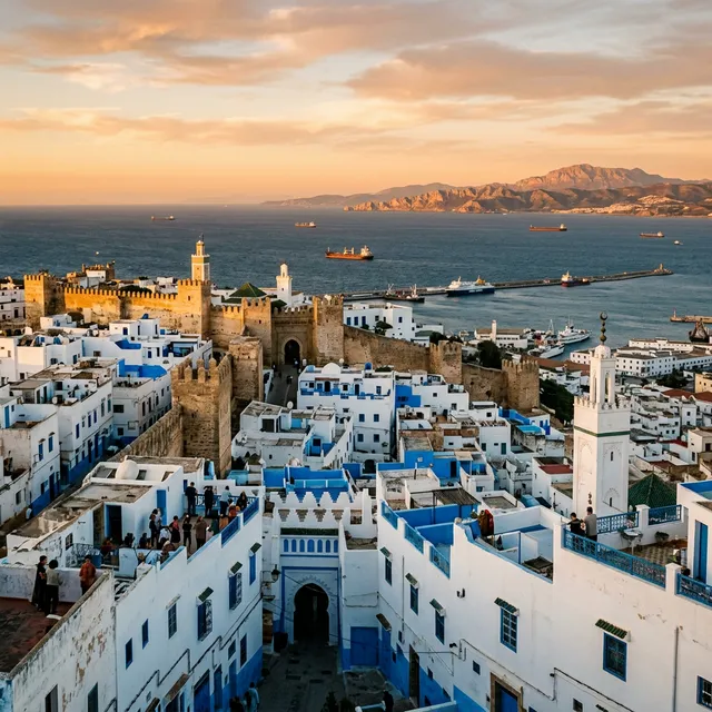 Tangier city looking across the Strait of Gibraltar toward Spain