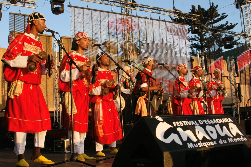 Gnawa musicians performing on the main stage in Essaouira