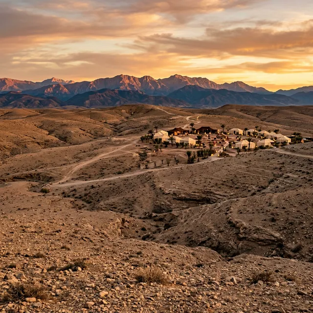 Agafay rocky desert near Marrakech at sunset with luxury camp tents