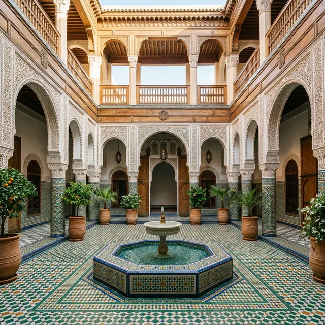 Interior courtyard of Bahia Palace Marrakech with a fountain