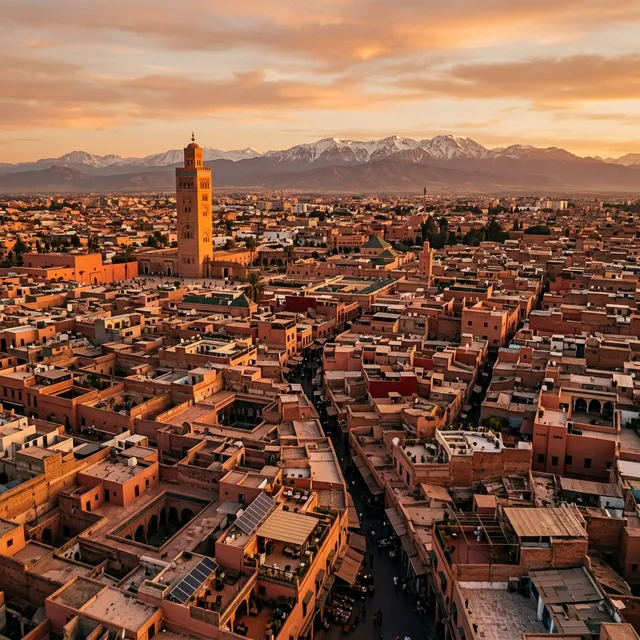 Aerial view of Marrakech medina at golden hour with the Atlas Mountains in the background