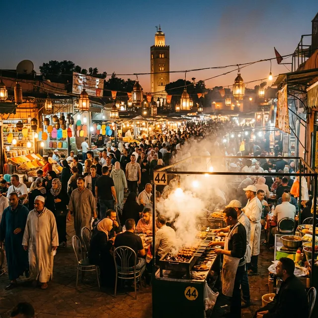 Jemaa el-Fna square in Marrakech at dusk with smoking grills