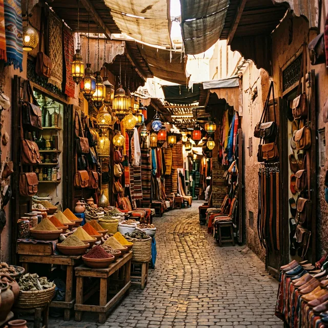 Narrow alleyway in Marrakech medina souk with hanging lanterns