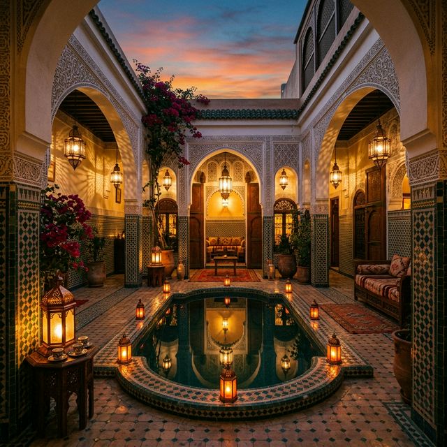 A serene autumn evening in a traditional Marrakech riad courtyard with warm lantern light