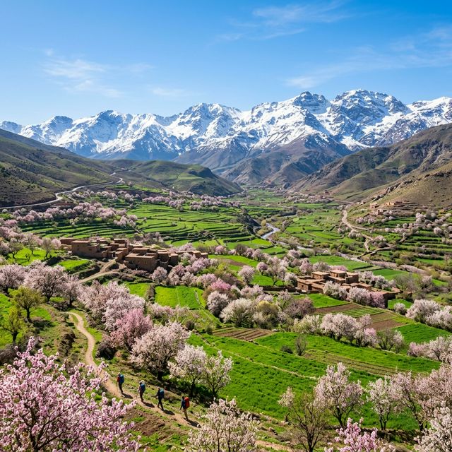Springtime in the High Atlas Mountains with blooming almond trees and snow-capped peaks