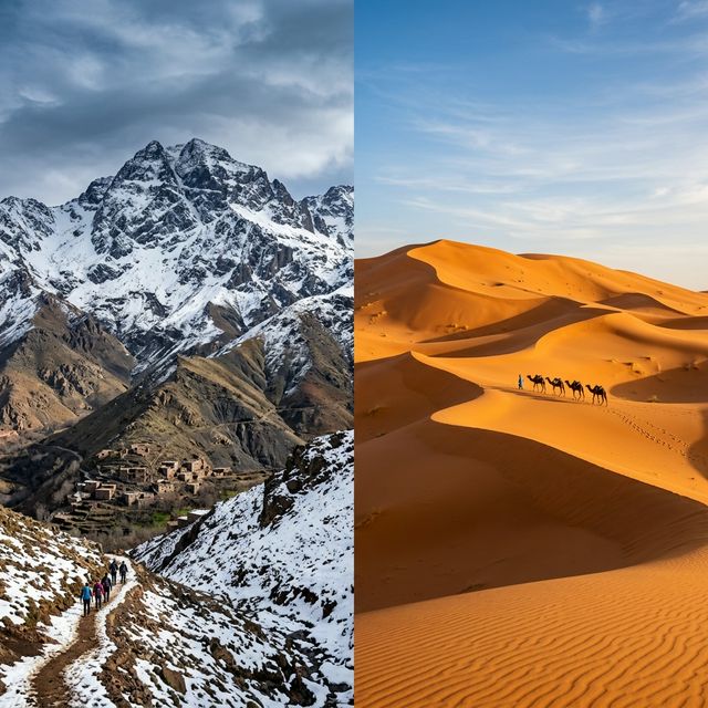 Contrast of Morocco's landscapes: snow-capped Atlas Mountains and Sahara Desert dunes