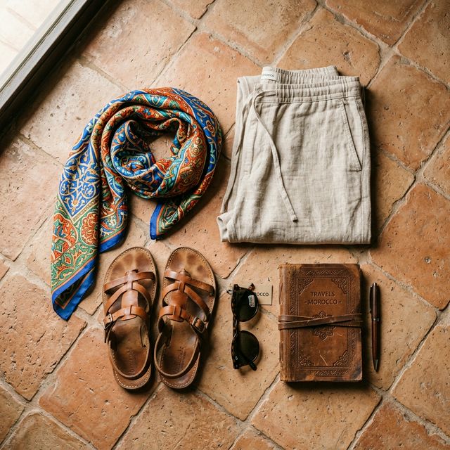 A flat-lay of essential clothing for Morocco including linen trousers, a silk scarf, and leather sandals