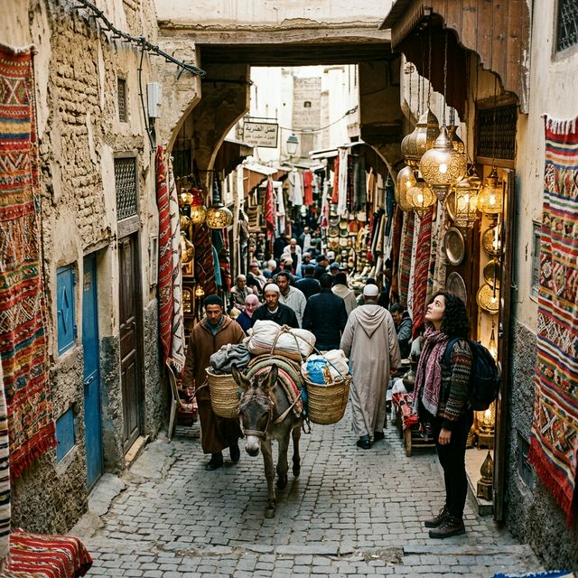 A tourist looking at a map while standing in a narrow, colorful alleyway in the Fes medina