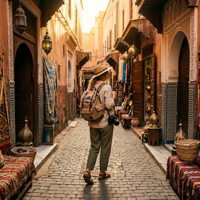 A stylish Australian traveler walking through a vibrant, sun-drenched Marrakech alleyway