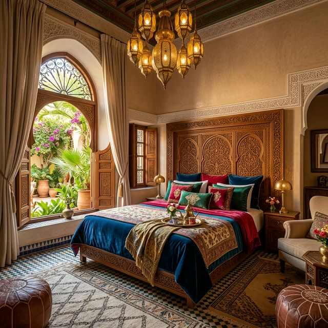 An opulent Moroccan riad bedroom suite with jewel-toned fabrics, a carved cedar headboard, and hanging brass lanterns