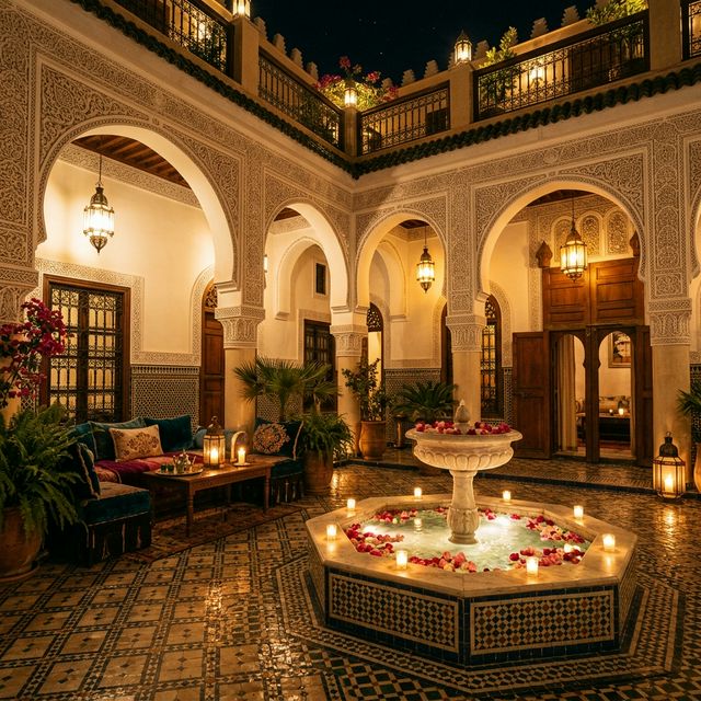 A romantic candlelit riad courtyard at night with lanterns, a mosaic fountain, and rose petals on the water