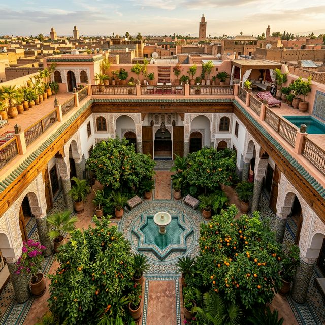 Aerial view of a stunning traditional Moroccan riad courtyard in Marrakech with a mosaic fountain and orange trees