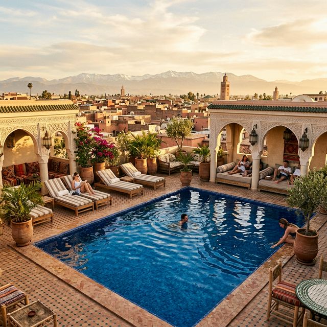 Luxurious rooftop pool at a Marrakech riad with sun loungers and a panoramic view of the medina and Atlas Mountains